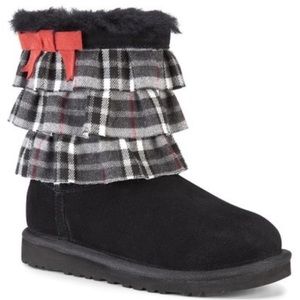 UGG Eloise Black red Ruffle Plaid Bow Girls Short Sheepskin Leather Boots Size 2